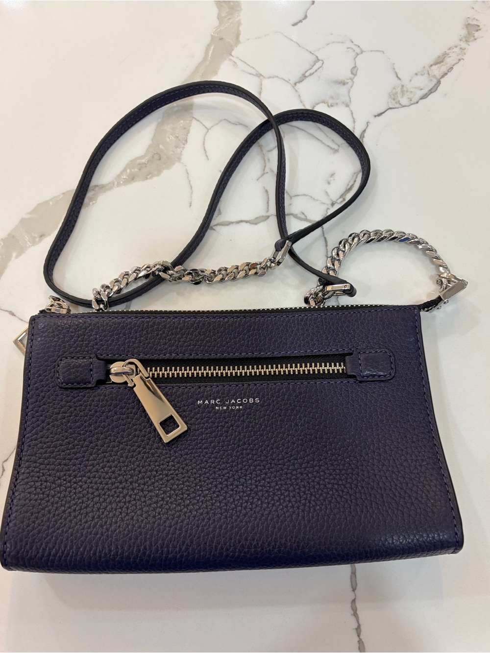 Marc Jacobs Pebbled Leather Crossbody purse, purple with Silver Hardware